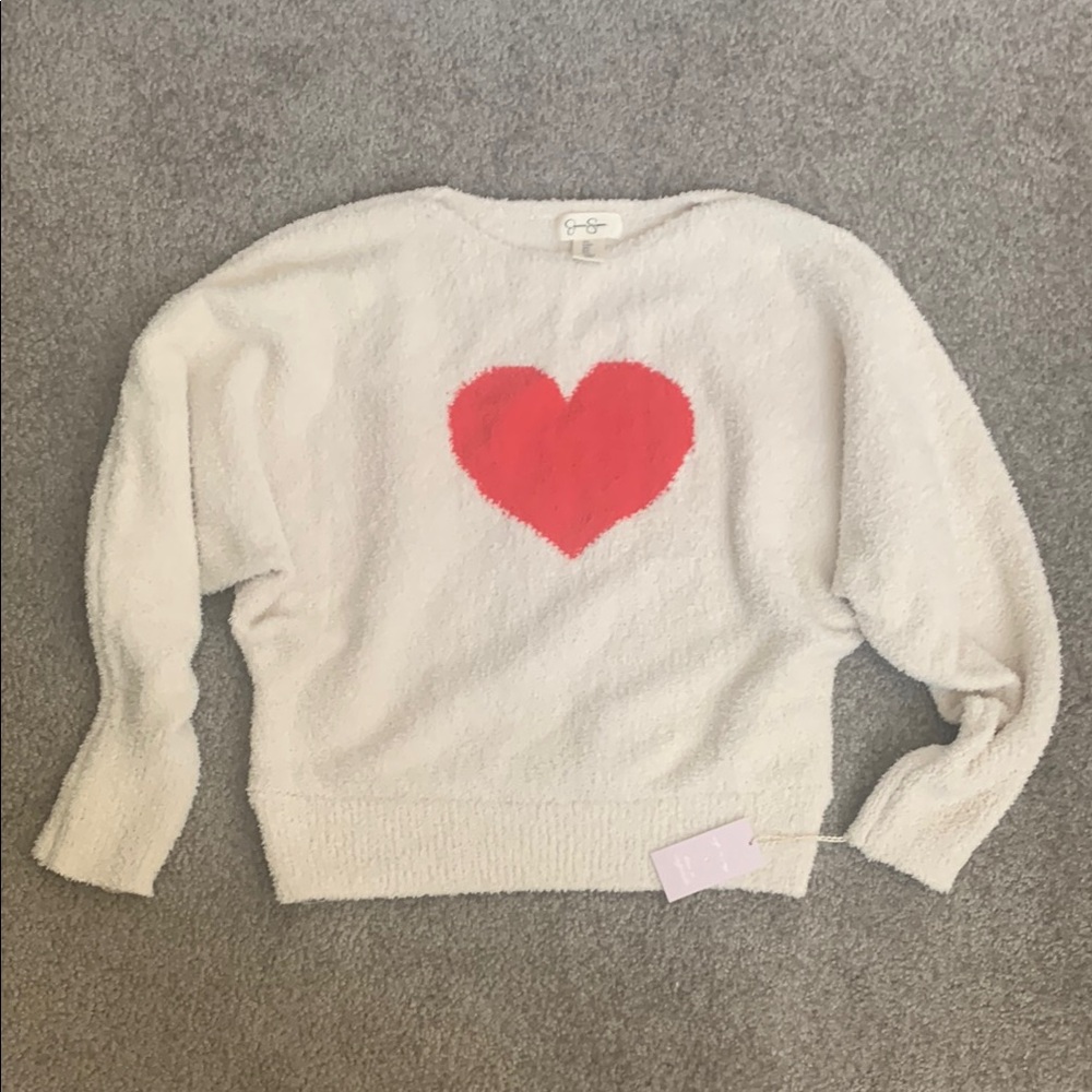 NWOT. Comfy Cream Sweater with Red Heart by Jessica Simpson